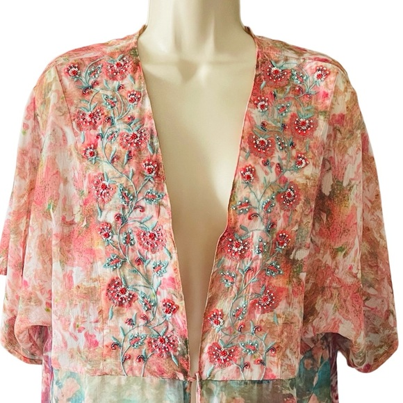Soft Surroundings Watercolor Beaded Long Cardigan Topper Size L Colorful Beachy - Picture 3 of 13